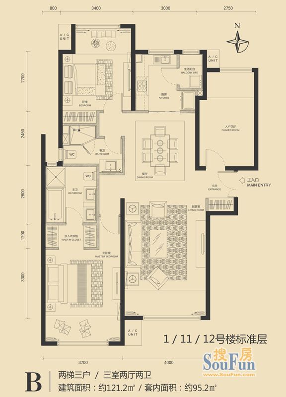 富力·盛悦居-三居室-121.20平米-装修设计