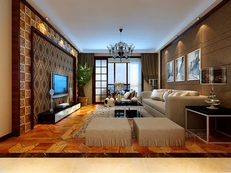 客厅以金色为主,搭配咖啡色墙纸和软装,突出高贵典雅,提升整体感受.