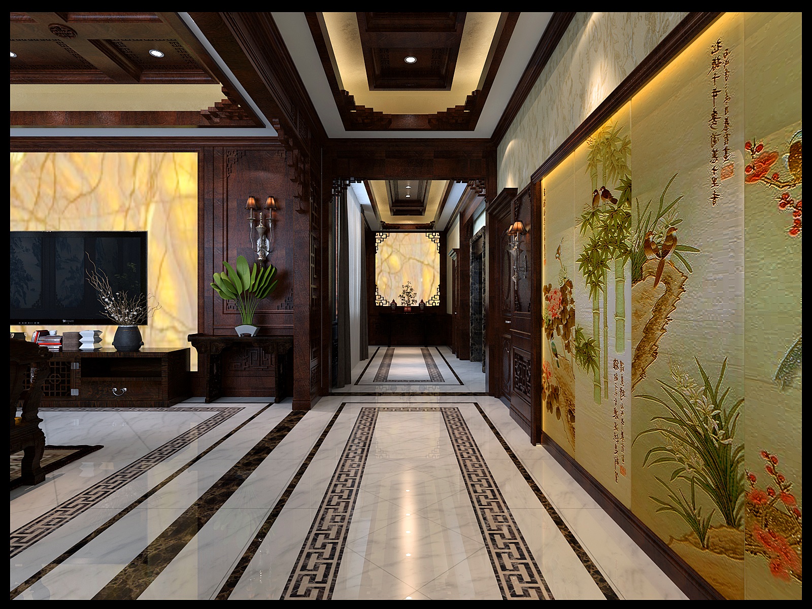 中式风情,墙面上的精致壁挂,装饰画,优雅气质和生活的品质感;地面的
