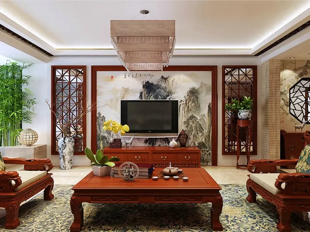 电视背景墙以木质线条搭配中式壁纸,水银镜为背景,沉稳,清新,是非常