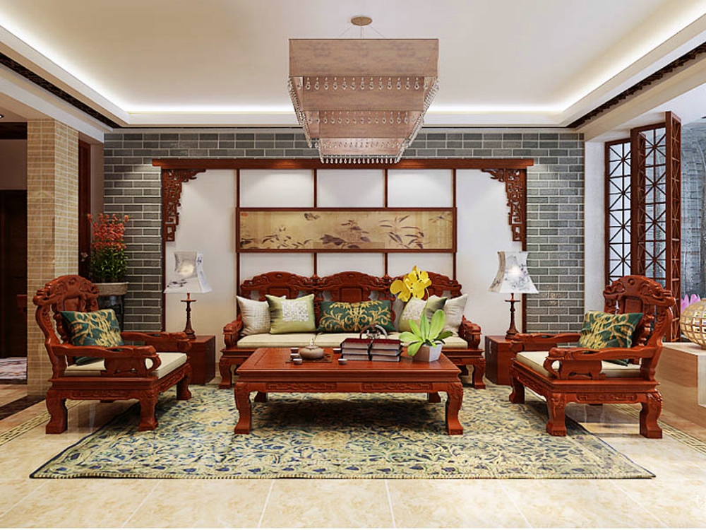 沙发背景墙客厅以中式的装饰元素结合木质线条与文化砖呈现清新雅致的
