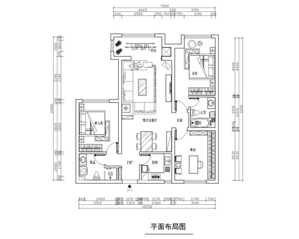 国赫红珊湾-混搭风格-129平米三居室