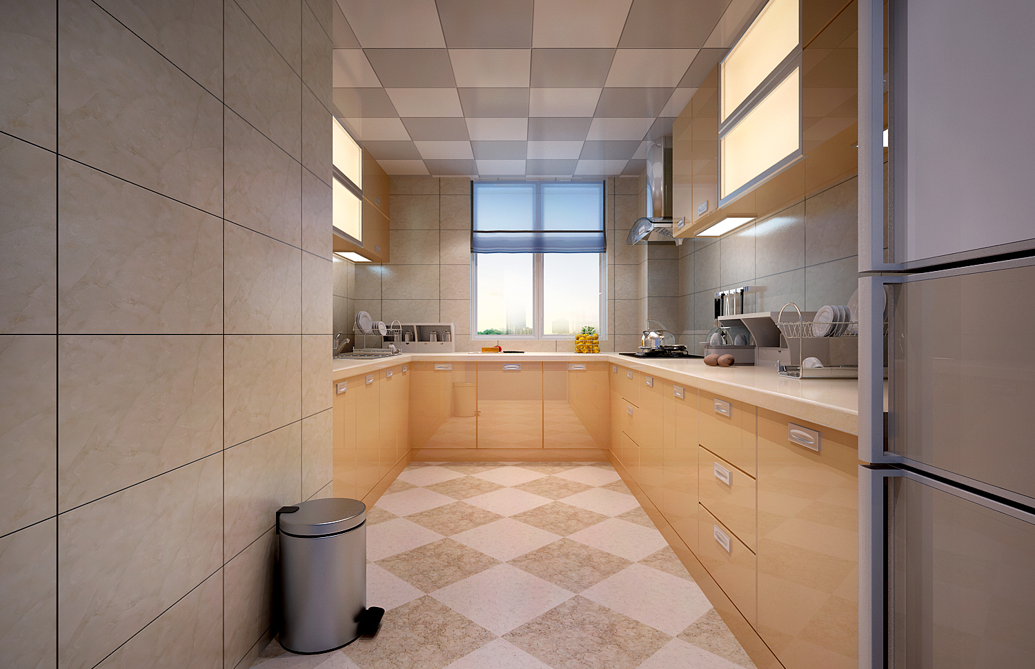 厨房顶面采用铝扣板吊顶装饰,地面300*300砖菱形铺贴