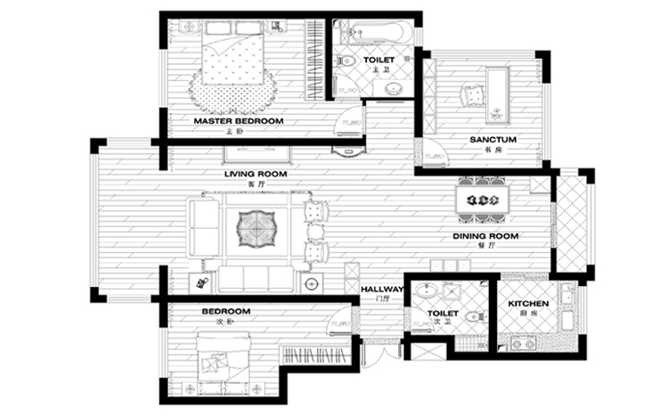 银水湾145平三居室简约中式风格设计方案