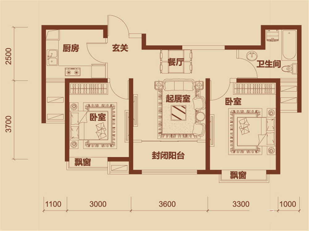 现代简约-二居室——88平米喜庆新房