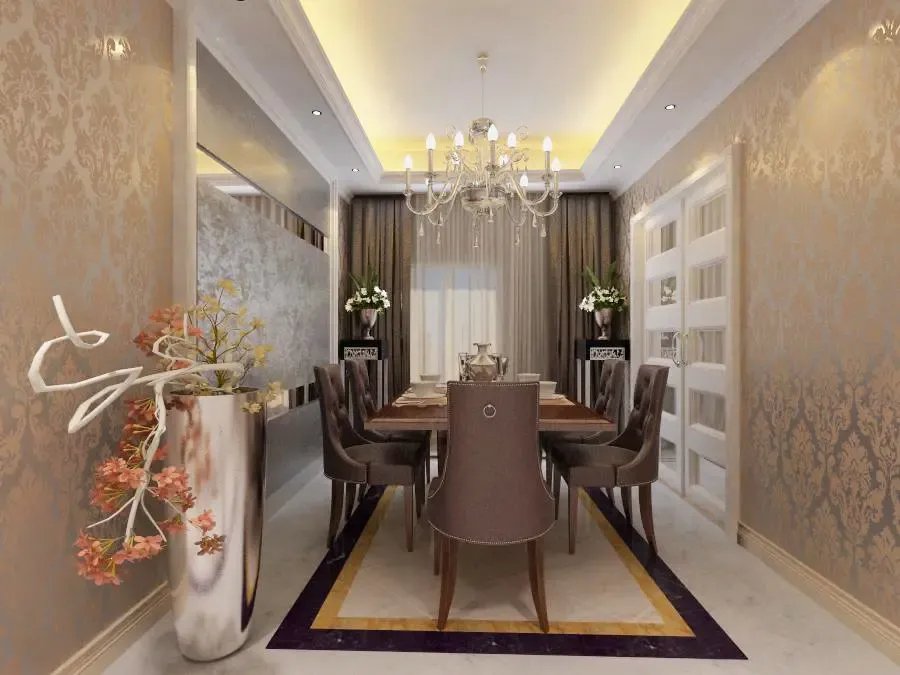 餐厅造型使用银箔与银镜的穿插做造型,营造浪漫的就餐气氛.