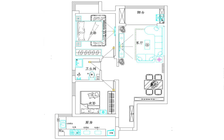 保利百合90平两居室现代简约风格装修效果图