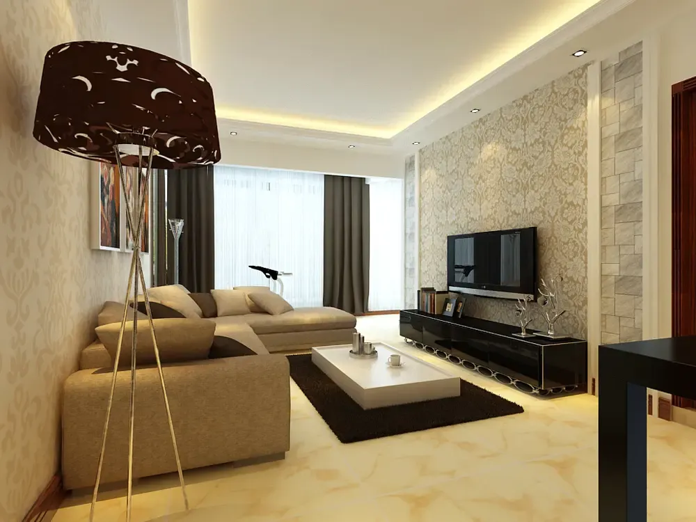 客厅里主要是以浅色为主,棚顶天花部分用成品石膏线在内牙部分勾勒一