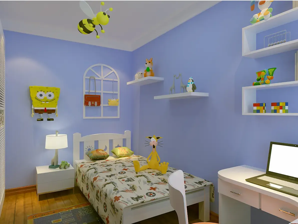 儿童房空间做的非常清爽,小男孩自己选择的颜色,并且也有自己的学习