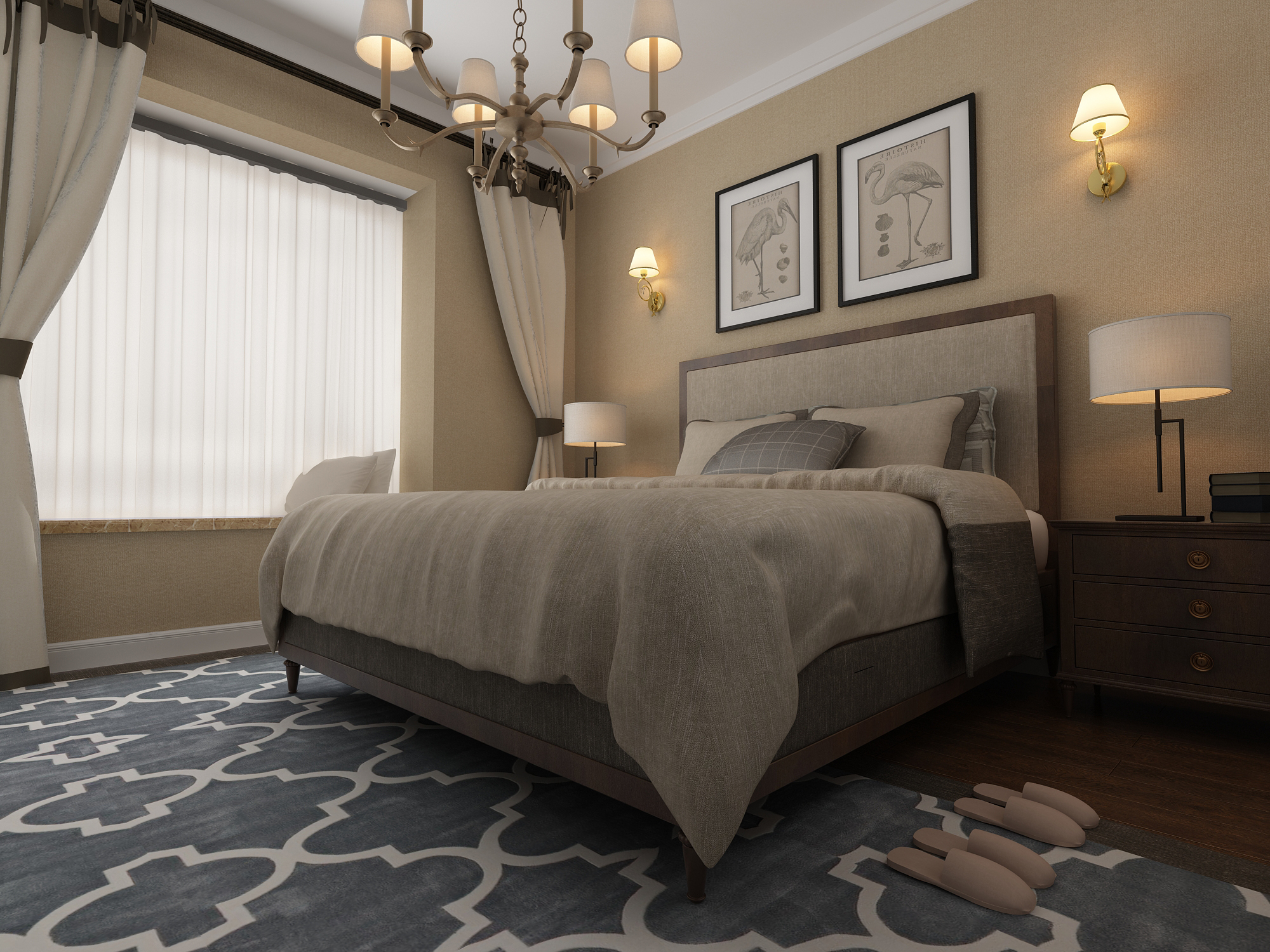 卧室选取颜色时注重软装的搭配,亚麻色的墙纸配合深色地面铺装