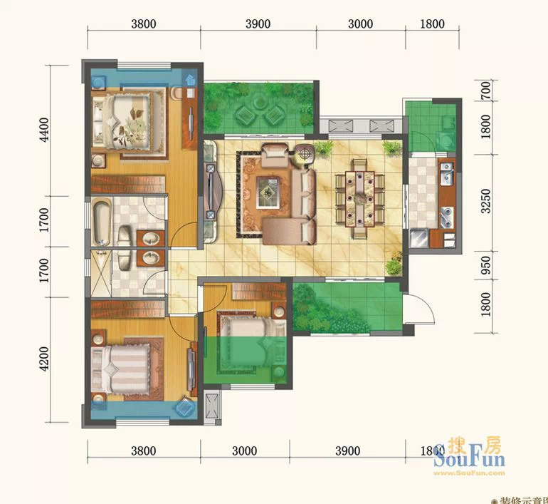 现代中式-90平米三居室装修设计