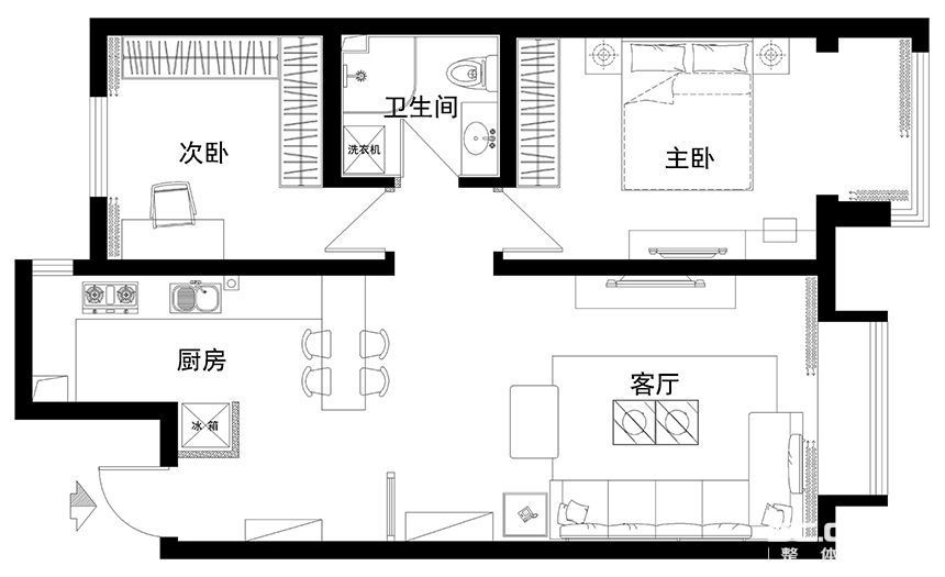 海马公园89平两居室简约风格设计方案