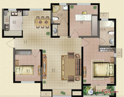 黄金海岸-三室两厅-新中式设计