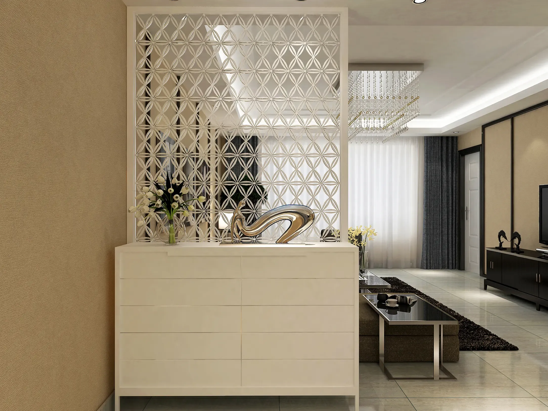 玄关 白色的鞋柜,白色的花格,温馨大气