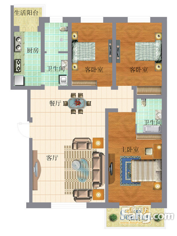 苏园三室两厅中式风格设计