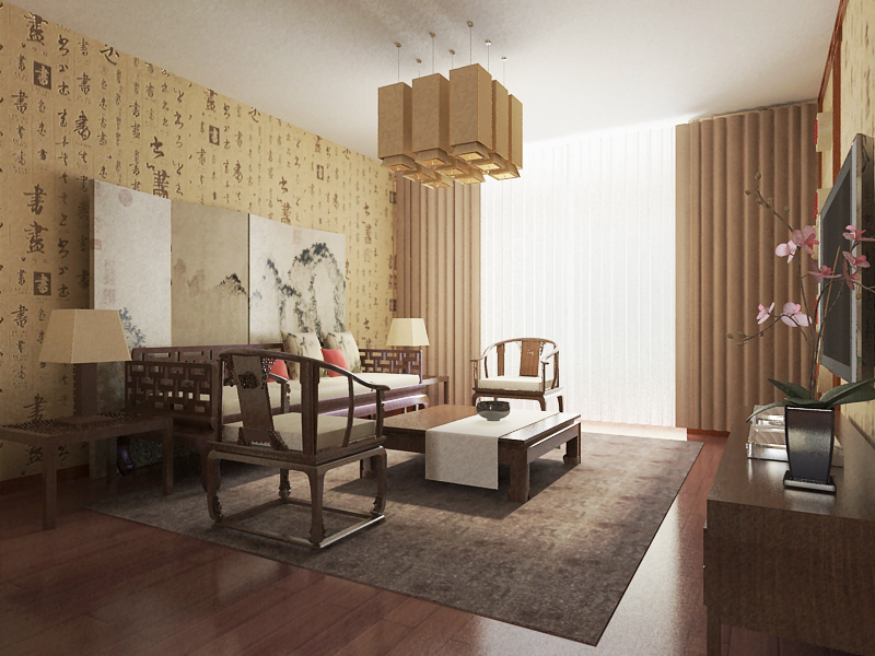 国赫红珊湾三室两厅中式风格设计
