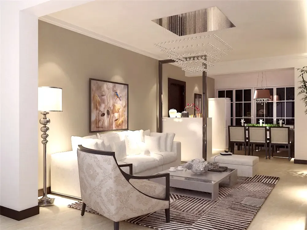 的造型和颜色搭配,棚顶做了个简单的直线边吊顶加以虚光和筒灯的修饰