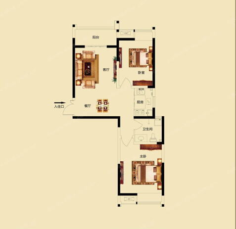 升龙天汇88平方两居室简欧风格装修效果图