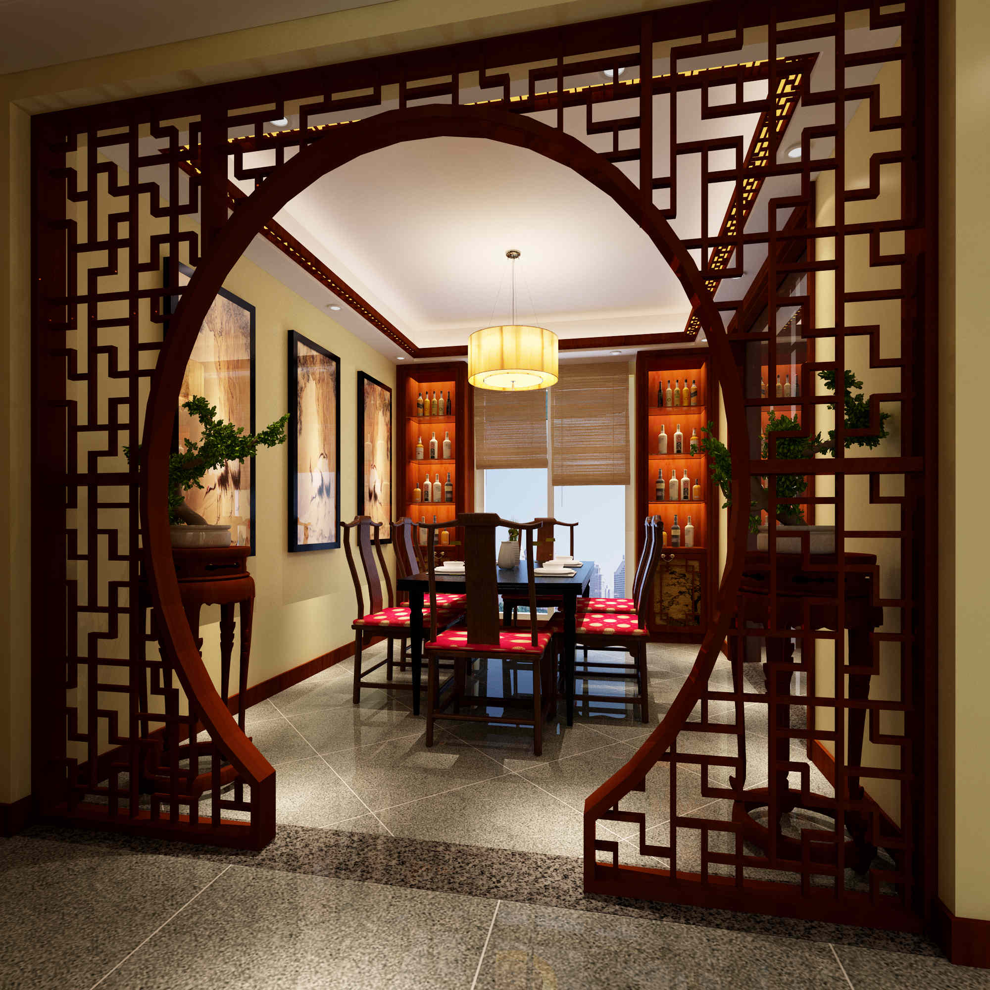 中式古典风格的室内设计,是在室内布置,线形,色调及家具,陈设的造型等