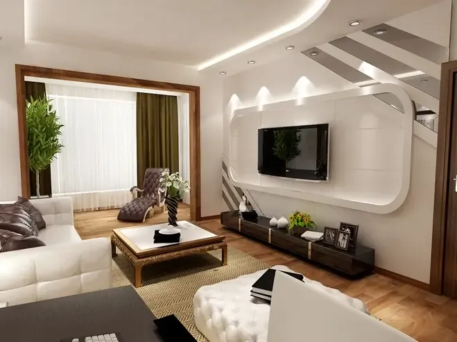 电视背景墙面用弧度角四边行的简单造型.