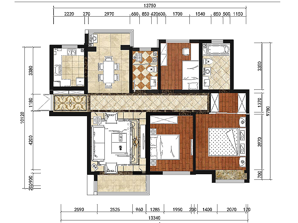 永威五月花城三居室中式风格装修设计效果图
