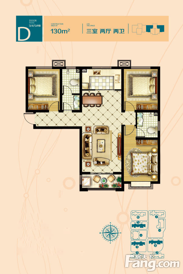 盛紫中央公园三室两厅中式风格设计