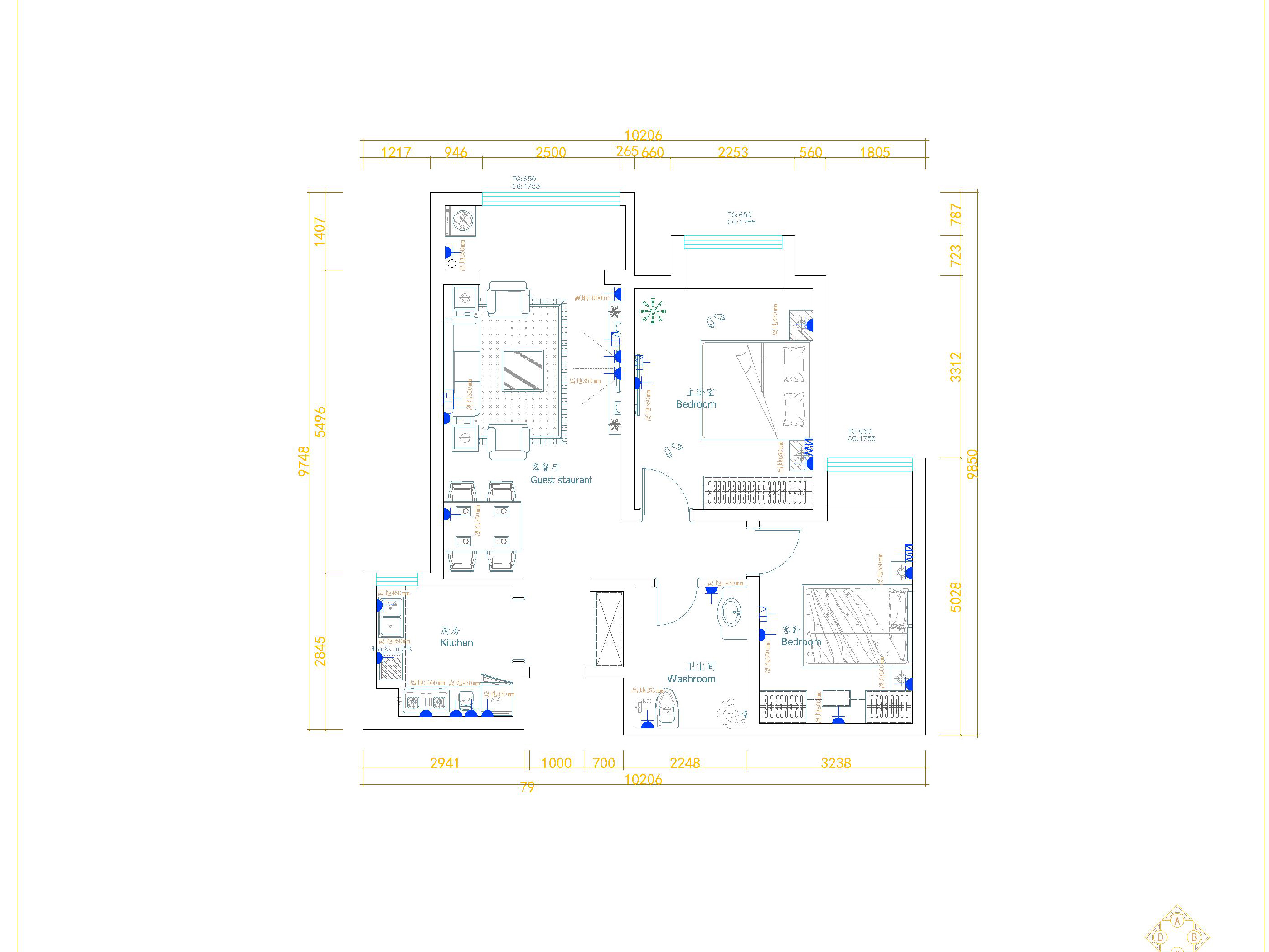 新中式风格-和悦蓝庭-90平二居室