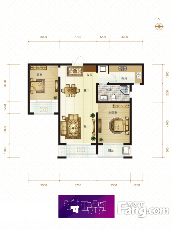 紫晶悦城两室两厅简中风格设计
