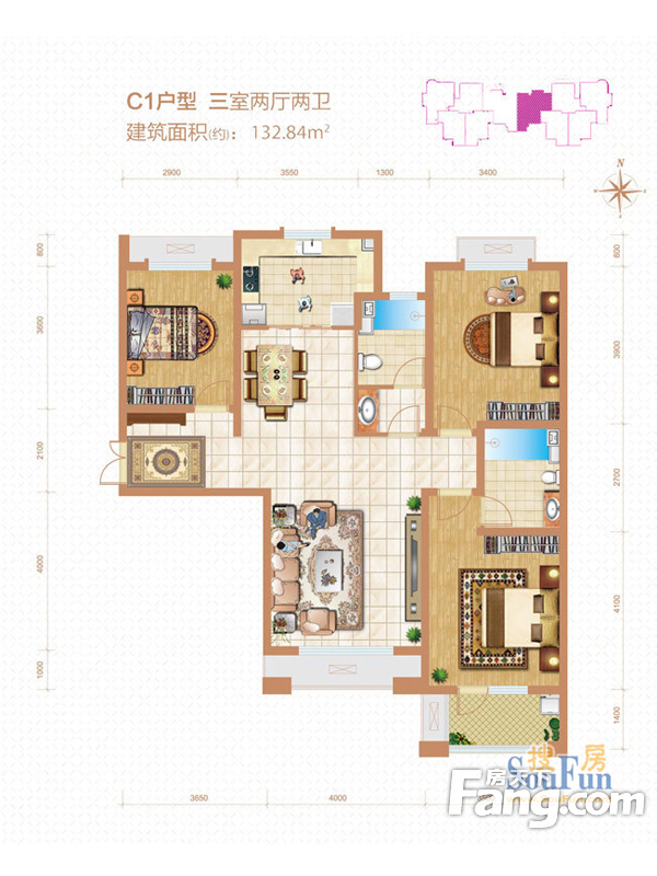 紫晶悦城三室两厅后现代风格设计