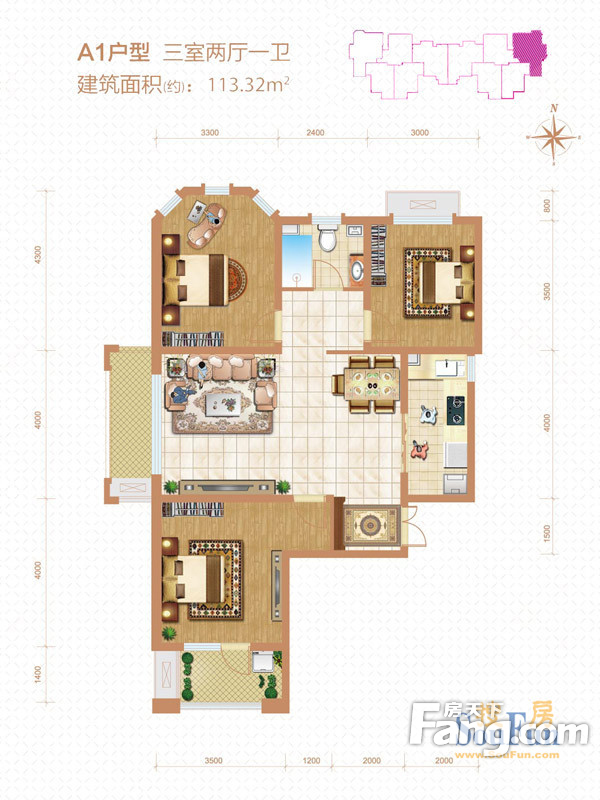 紫晶悦城三室两厅简欧风格设计