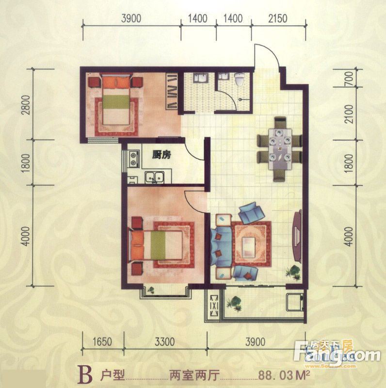 鑫龙湾两室两厅美式风格设计