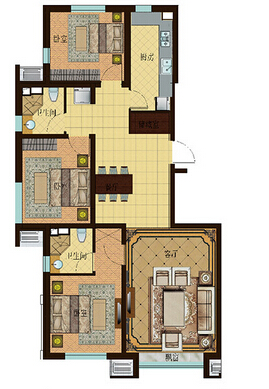中式设计三居室效果图