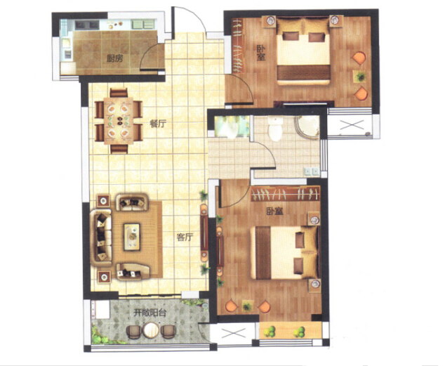 绿都紫荆华庭A5户型两居室混搭风格装修效果图