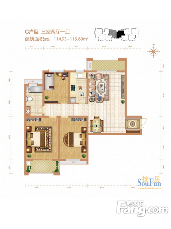 紫晶悦城三室两厅现代风格设计