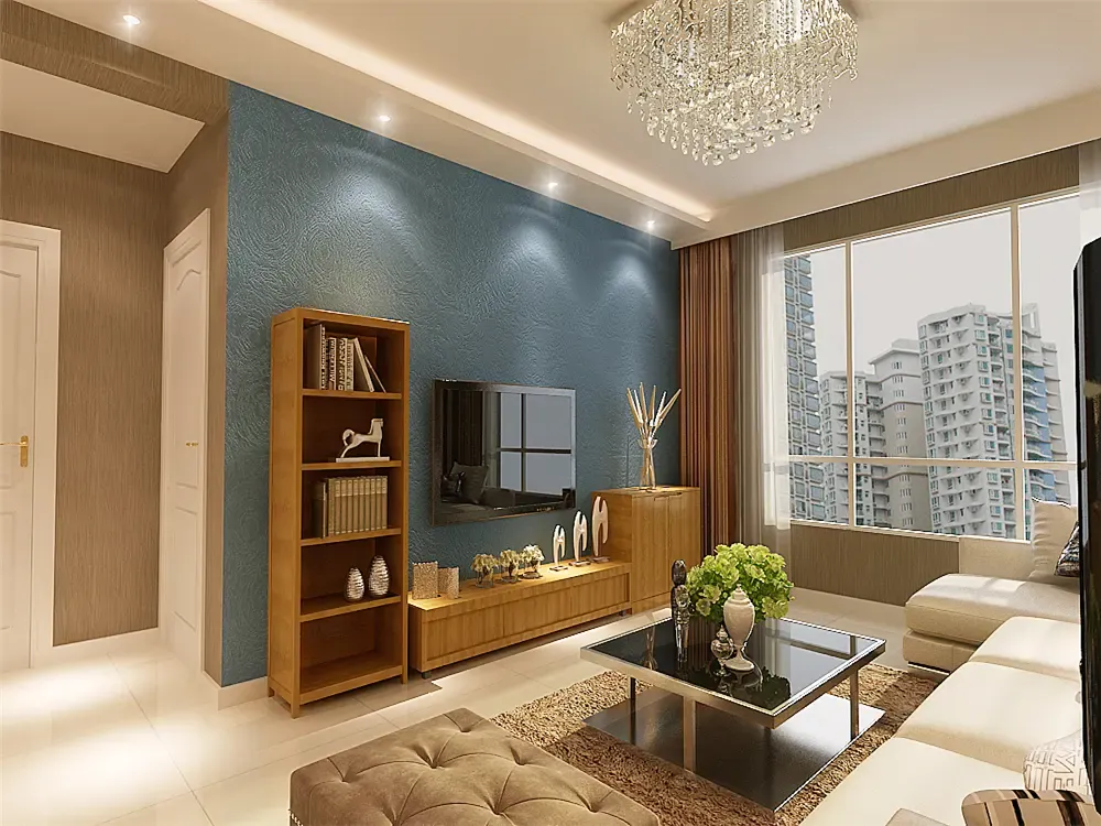 作为整个空间标志所在的客厅背景墙以蓝色硅藻泥搭配实木家具柜体绝对