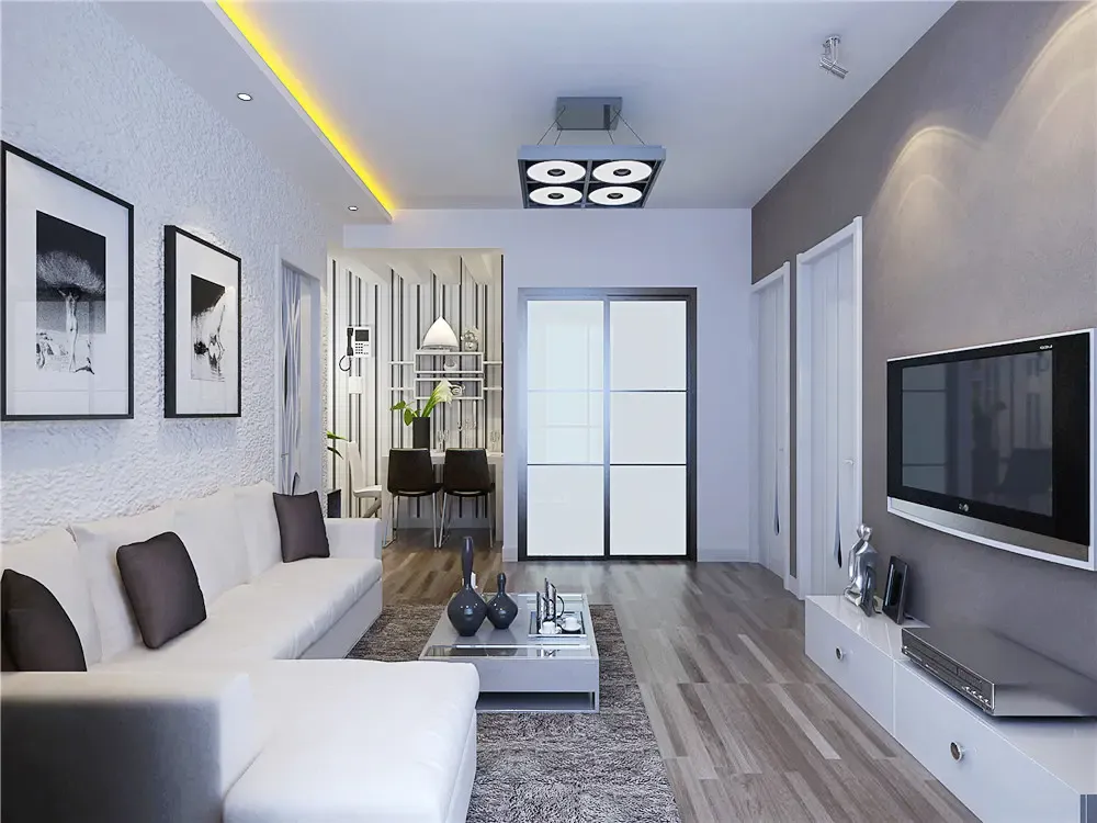 客厅整体以明亮白色调为主,沙发背景肌理造型体现出质感,电视背景墙