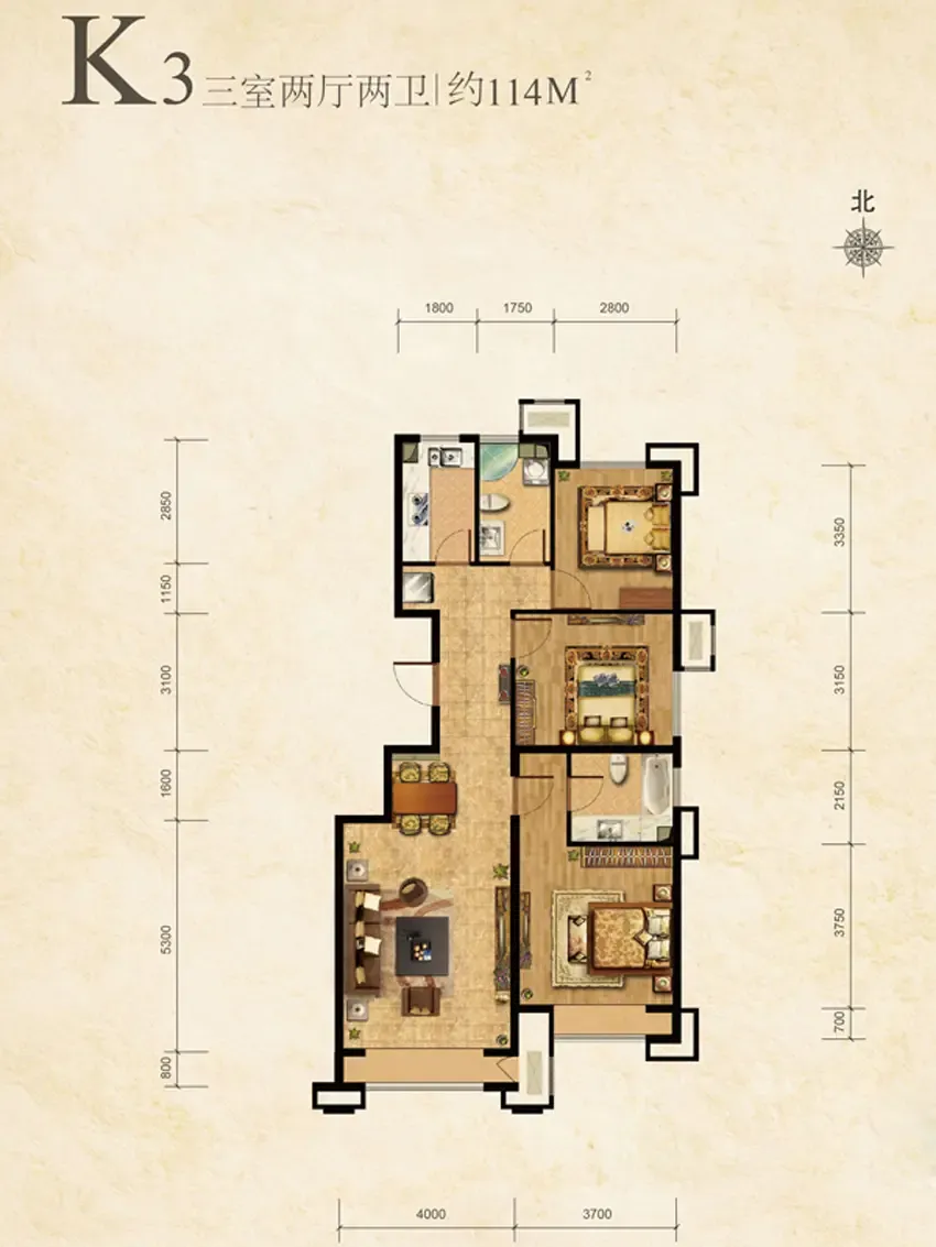 首尔甜城-三居室-125.00平米-户型图装修效果图
