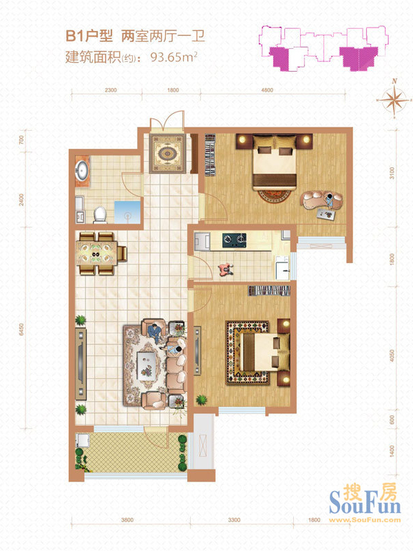 紫晶悦城两室两厅简欧风格设计