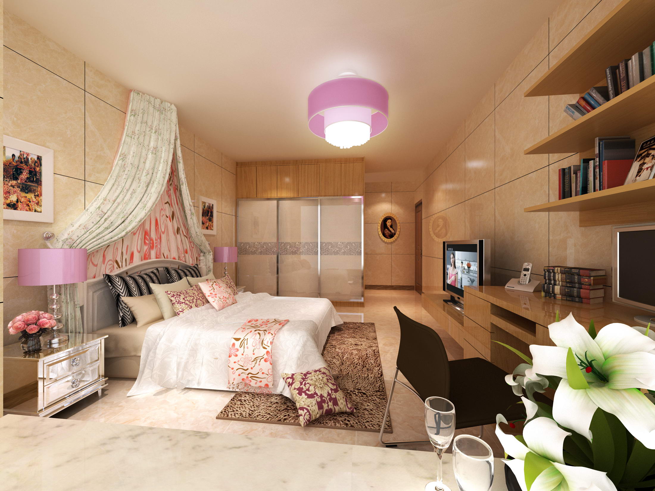 现代美式粉红卧室效果图 – 设计本装修效果图