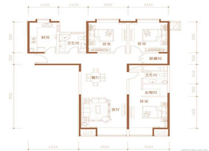 京贸国际城145平三居户型现代美式风格