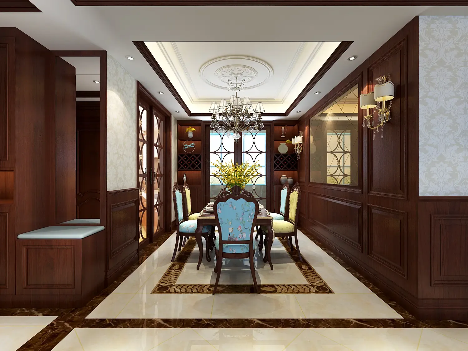 走廊用串边划分区域,在吊顶方面,采用弧形吊顶与弧形线条结合,拉伸