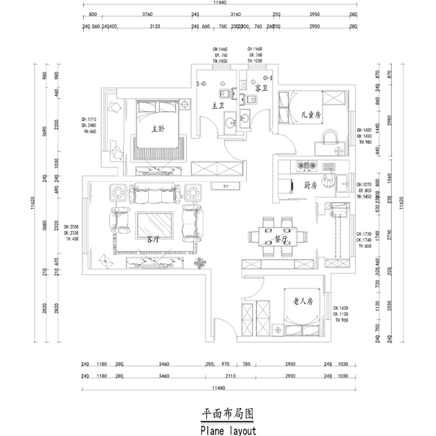 美式装修风格-124平米户型（保利花园）