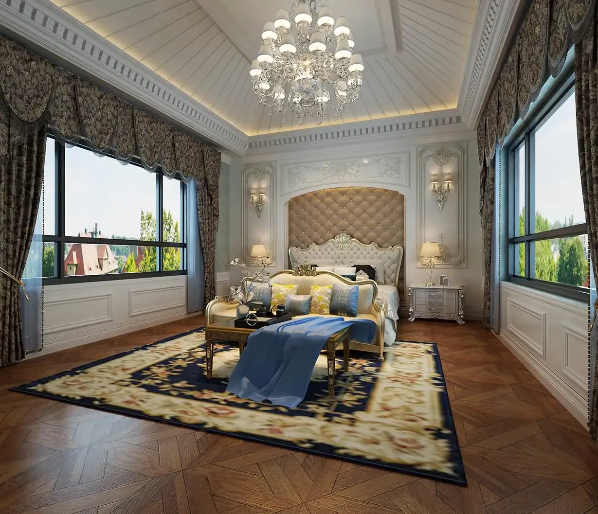 主卧室:三层卧室利用原有的的高度做个斜面造型的吊顶保留原有的房高