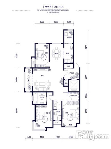 天鹅堡三居室182㎡简约欧式设计案例
