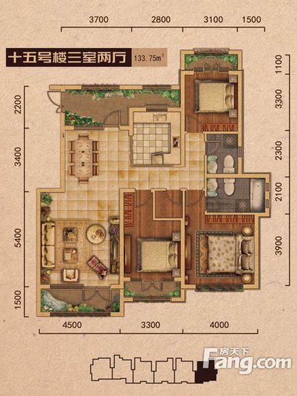 天下锦程133㎡三居室新中式装修效果图
