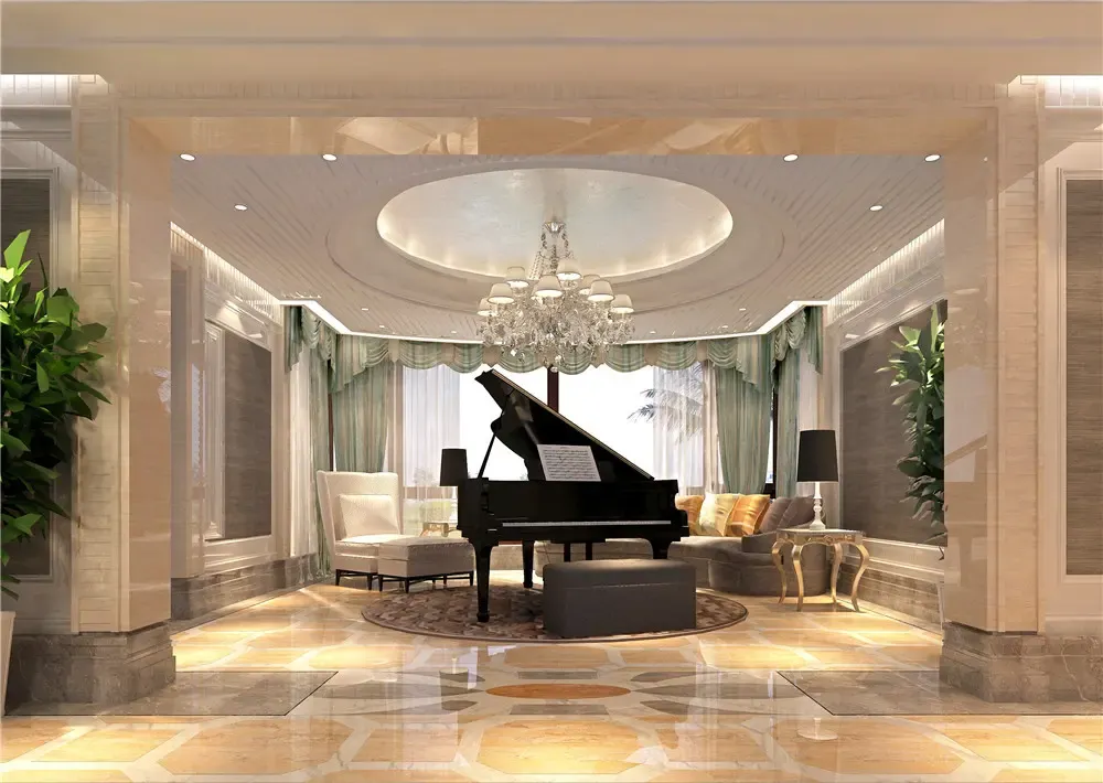 客厅休闲钢琴区,黑色钢琴与浅色调的装饰形成鲜明对比,绿色窗帘更显