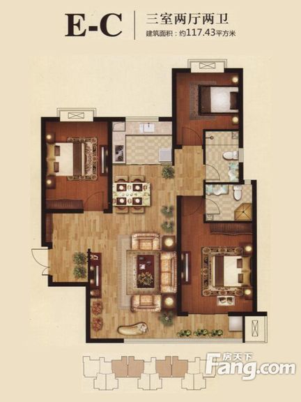 龙溪城117㎡三居室现代简约装修效果图