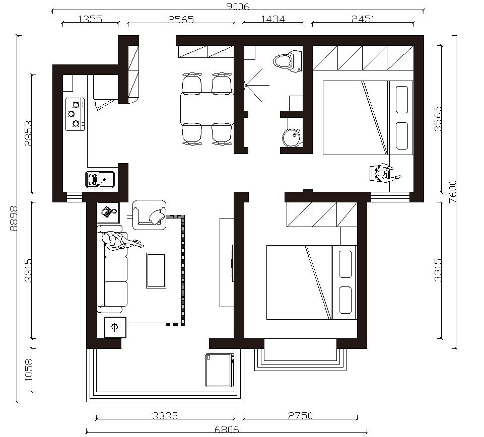新中式风格-115平米-三居室