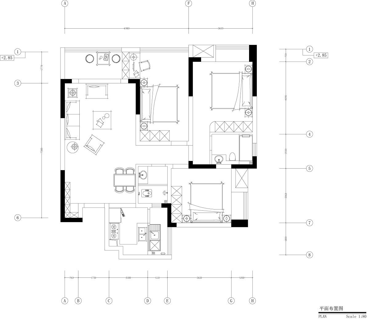 美式风格-三居室-96平米