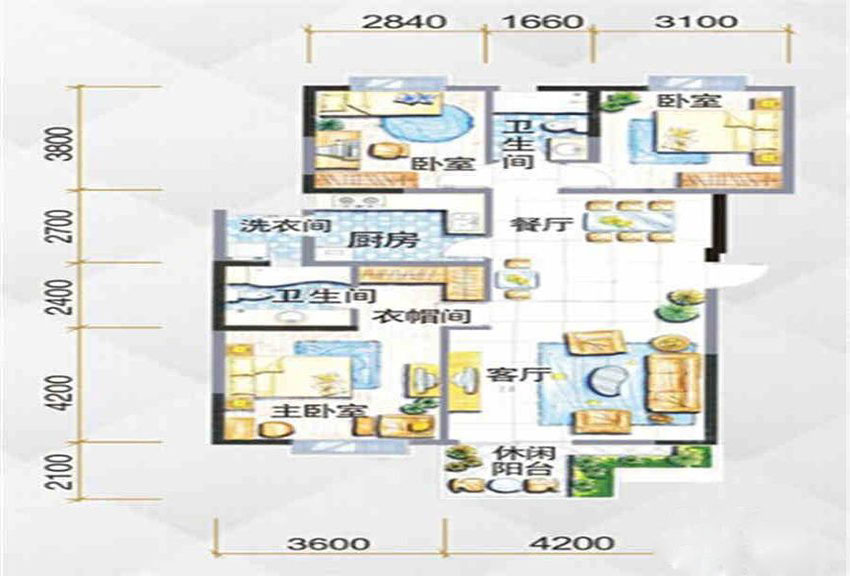 华都B区悦翠119.13平现代简约风格效果图